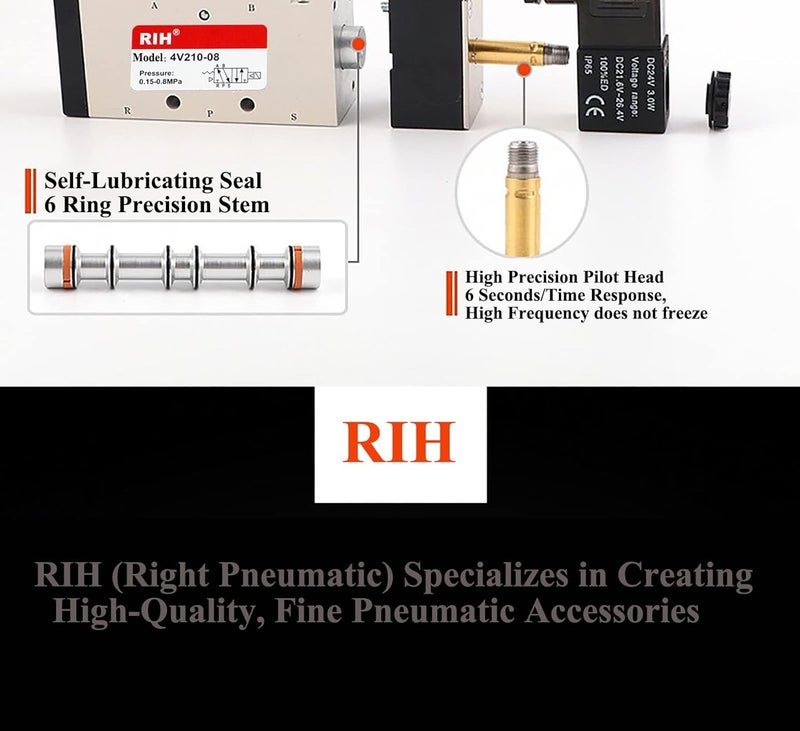 RH Pneumatics Solenoid Valve 4V210-08 12V/24V/110V Series Single Coil Pilot-Operated Electric 2 Position 5 Way Connection Type (DC12V/Out of line, 1/4"NPT) - Image 5
